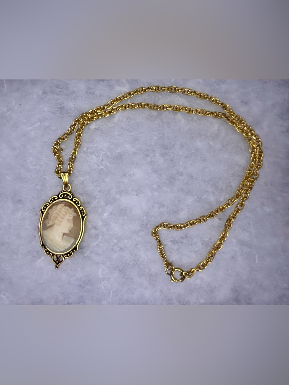 Vintage Shell Cameo Necklace in Ornate Gold Tone Frame (1968-73)